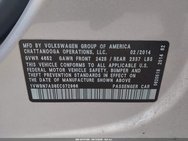 Продаж на аукціоні авто 2014 Volkswagen Passat 2.0l Tdi Se, vin: 1VWBN7A38EC072966, номер лоту: 45107299