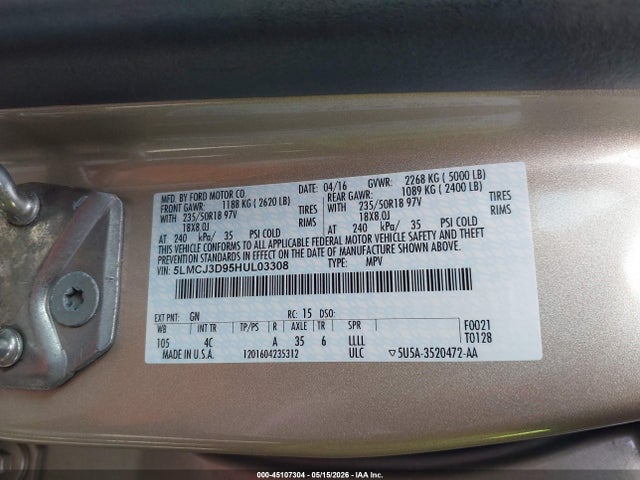 Aukcja sprzedaży 2017 Lincoln Mkc Reserve, vin: 5LMCJ3D95HUL03308, numer aukcji: 45107304