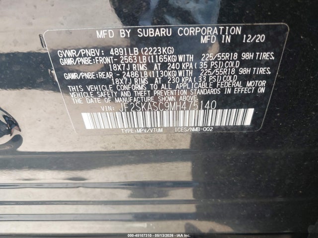 2021 Subaru Forester Limited მანქანა იყიდება აუქციონზე, vin: JF2SKASC9MH475140, აუქციონის ნომერი: 45107310