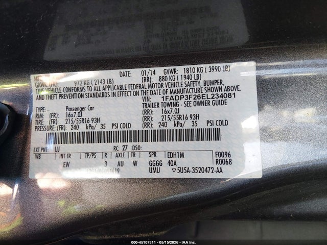 Продажа на аукционе авто 2014 Ford Focus Se, vin: 1FADP3F26EL234081, номер лота: 45107311