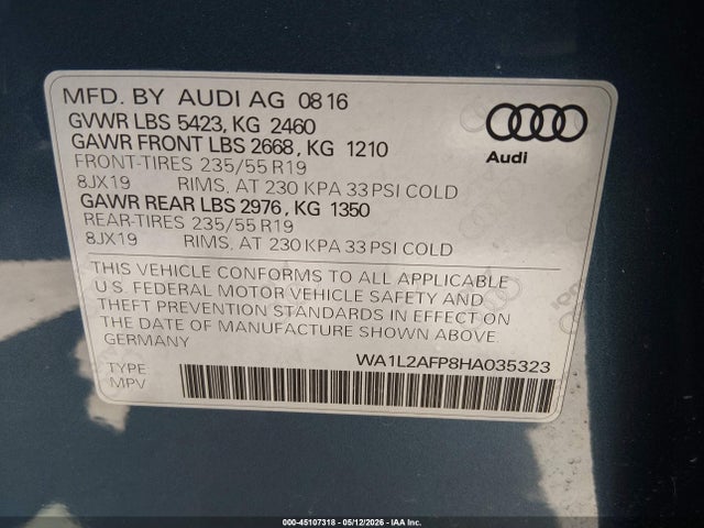 2017 Audi Q5 2.0t Premium მანქანა იყიდება აუქციონზე, vin: WA1L2AFP8HA035323, აუქციონის ნომერი: 45107318