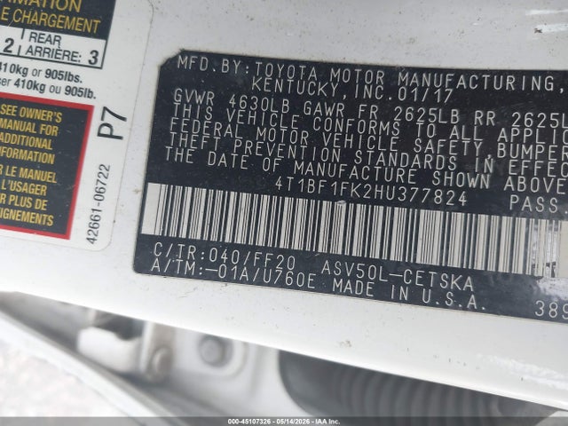 45107326 :رقم المزاد ، 4T1BF1FK2HU377824 vin ، 2017 Toyota Camry Se مزاد بيع