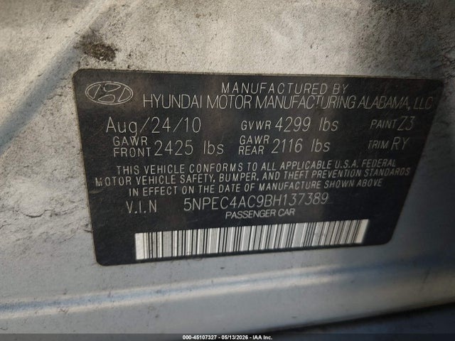 Продажа на аукционе авто 2011 Hyundai Sonata Se, vin: 5NPEC4AC9BH137389, номер лота: 45107327