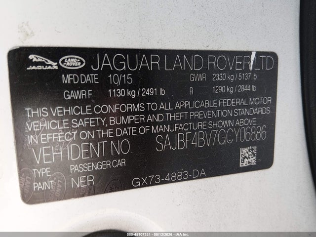 45107331 :رقم المزاد ، SAJBF4BV7GCY06886 vin ، 2016 Jaguar Xf 35t R-sport مزاد بيع