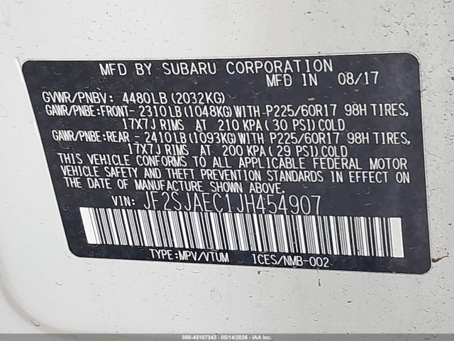 2018 Subaru Forester 2.5i Premium მანქანა იყიდება აუქციონზე, vin: JF2SJAEC1JH454907, აუქციონის ნომერი: 45107342