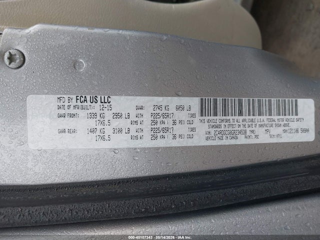 45107343 :رقم المزاد ، 2C4RDGCG0GR234538 vin ، 2016 Dodge Grand Caravan Sxt مزاد بيع
