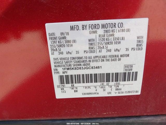 Aukcja sprzedaży 2018 Ford Explorer Xlt, vin: 1FM5K8D83JGC83481, numer aukcji: 45107348