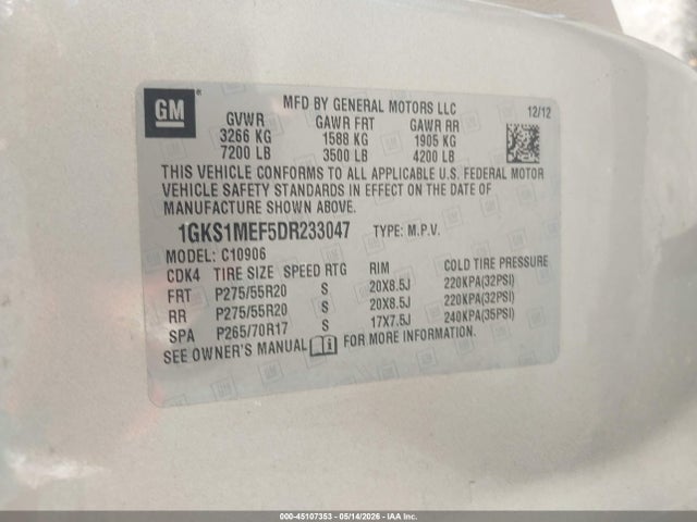 Продажа на аукционе авто 2013 Gmc Yukon Xl 1500 Denali, vin: 1GKS1MEF5DR233047, номер лота: 45107353