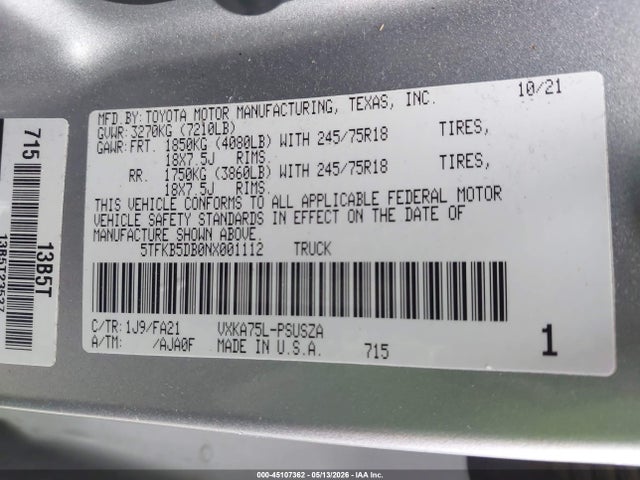 45107362 :رقم المزاد ، 5TFKB5DB0NX001112 vin ، 2022 Toyota Tundra Sr مزاد بيع