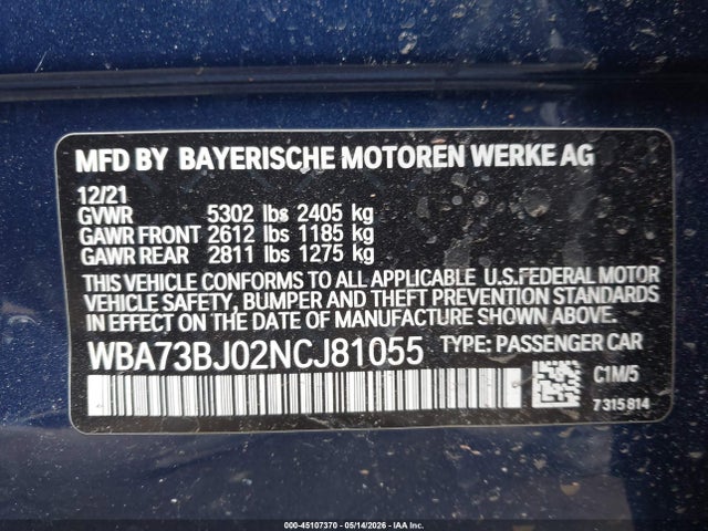Aukcja sprzedaży 2022 Bmw 540 I Xdrive, vin: WBA73BJ02NCJ81055, numer aukcji: 45107370