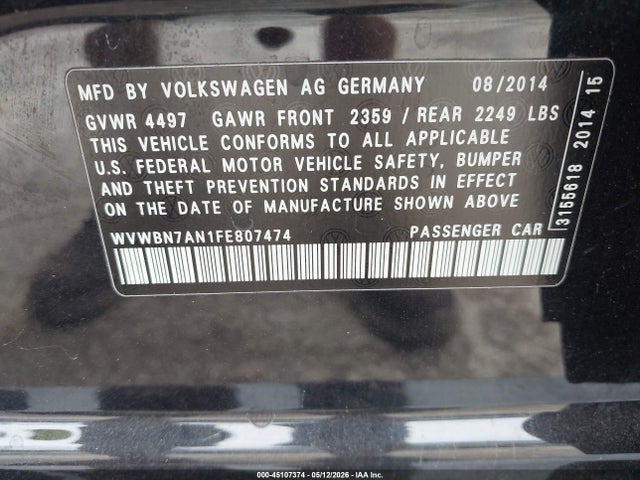 Продаж на аукціоні авто 2015 Volkswagen Cc 2.0t Sport, vin: WVWBN7AN1FE807474, номер лоту: 45107374