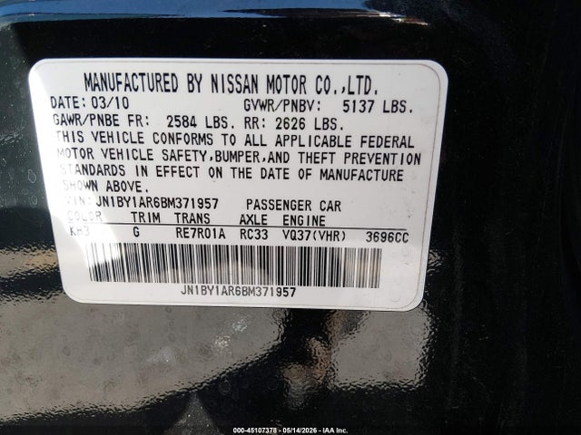 Aukcja sprzedaży 2011 Infiniti M37x, vin: JN1BY1AR6BM371957, numer aukcji: 45107378