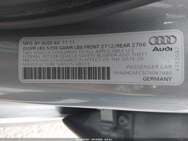 45107387 :رقم المزاد ، WAUHGAFC5CN087680 vin ، 2012 Audi A6 3.0 Premium مزاد بيع