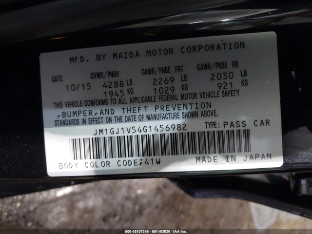 2016 Mazda Mazda6 I Touring მანქანა იყიდება აუქციონზე, vin: JM1GJ1V54G1456982, აუქციონის ნომერი: 45107396