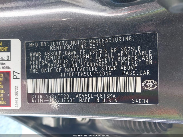 Продажа на аукционе авто 2012 Toyota Camry Se, vin: 4T1BF1FK5CU112016, номер лота: 45107399