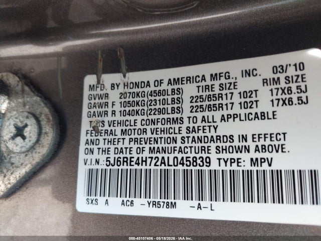 Продаж на аукціоні авто 2010 Honda Cr-v Ex-l, vin: 5J6RE4H72AL045839, номер лоту: 45107406