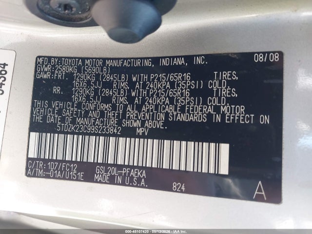 Продажа на аукционе авто 2009 Toyota Sienna Le, vin: 5TDZK23C99S233842, номер лота: 45107420