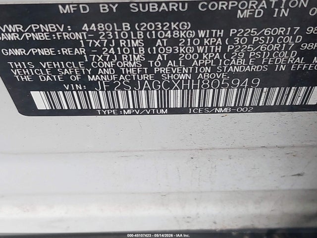 45107423 :رقم المزاد ، JF2SJAGCXHH805949 vin ، 2017 Subaru Forester 2.5i Premium مزاد بيع
