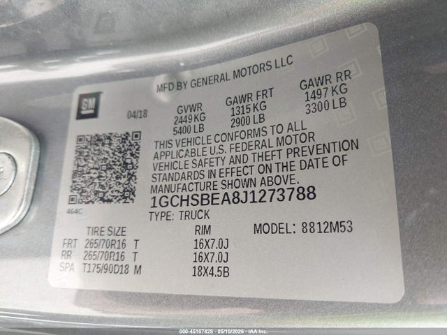 Aukcja sprzedaży 2018 Chevrolet Colorado Wt, vin: 1GCHSBEA8J1273788, numer aukcji: 45107428