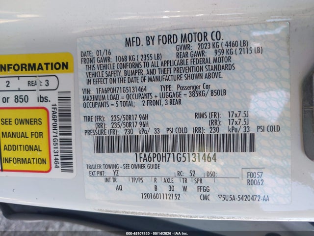 Aukcja sprzedaży 2016 Ford Fusion Se, vin: 1FA6P0H71G5131464, numer aukcji: 45107430