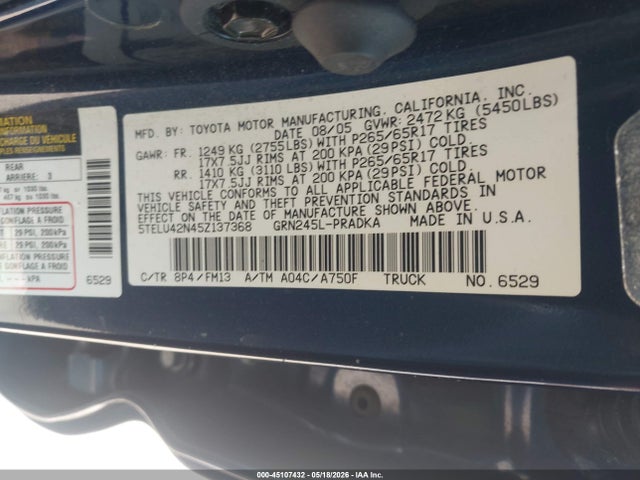Продаж на аукціоні авто 2005 Toyota Tacoma Base V6, vin: 5TELU42N45Z137368, номер лоту: 45107432