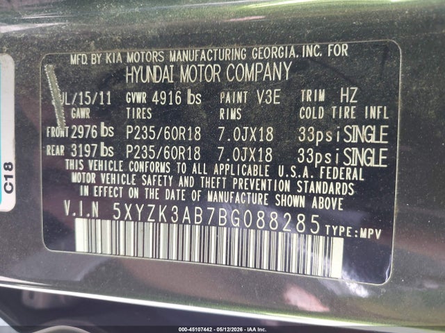 45107442 :رقم المزاد ، 5XYZK3AB7BG088285 vin ، 2011 Hyundai Santa Fe Limited مزاد بيع