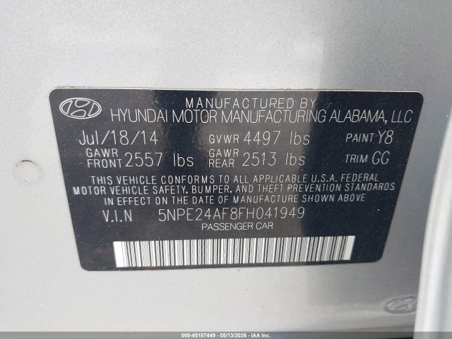 Aukcja sprzedaży 2015 Hyundai Sonata Se, vin: 5NPE24AF8FH041949, numer aukcji: 45107449
