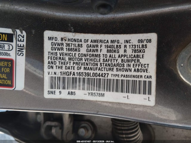 45107457 :رقم المزاد ، 1HGFA16539L004427 vin ، 2009 Honda Civic Lx مزاد بيع