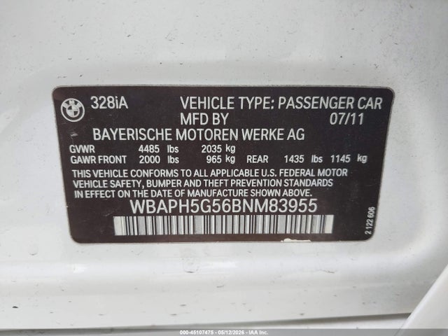 45107475 :رقم المزاد ، WBAPH5G56BNM83955 vin ، 2011 Bmw 328i مزاد بيع
