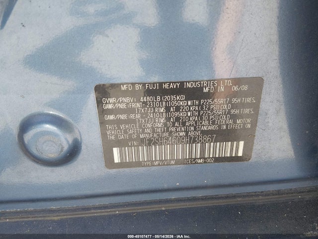 45107477 :رقم المزاد ، JF2SH64609H738867 vin ، 2009 Subaru Forester 2.5x Limited مزاد بيع