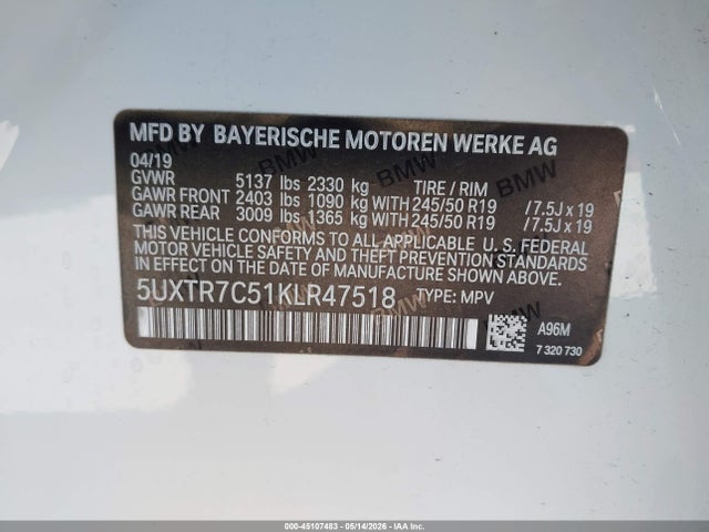 Aukcja sprzedaży 2019 Bmw X3 Sdrive30i, vin: 5UXTR7C51KLR47518, numer aukcji: 45107483