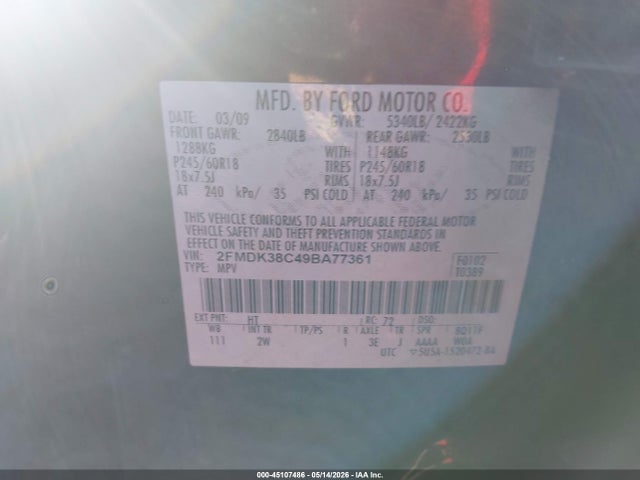 Продаж на аукціоні авто 2009 Ford Edge Sel, vin: 2FMDK38C49BA77361, номер лоту: 45107486