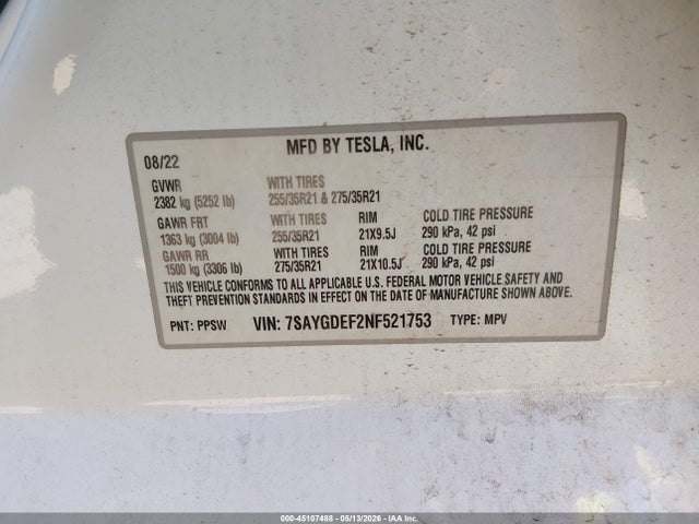 Aukcja sprzedaży 2022 Tesla Model Y Performance Dual Motor All-wheel Drive, vin: 7SAYGDEF2NF521753, numer aukcji: 45107488