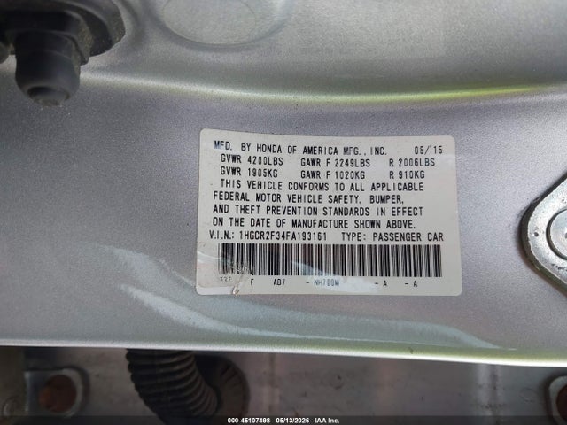 Продажа на аукционе авто 2015 Honda Accord Lx, vin: 1HGCR2F34FA193161, номер лота: 45107498