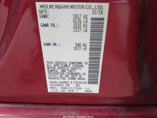Aukcja sprzedaży 2016 Nissan Altima 2.5 Sv, vin: 1N4AL3AP9GC176956, numer aukcji: 45107504