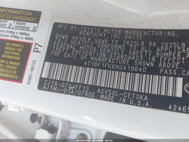 45107507 :رقم المزاد ، 4T1BF1FK6HU419640 vin ، 2017 Toyota Camry Se مزاد بيع