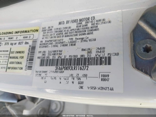 Продажа на аукционе авто 2020 Ford Fusion Titanium, vin: 3FA6P0K93LR116272, номер лота: 45107508