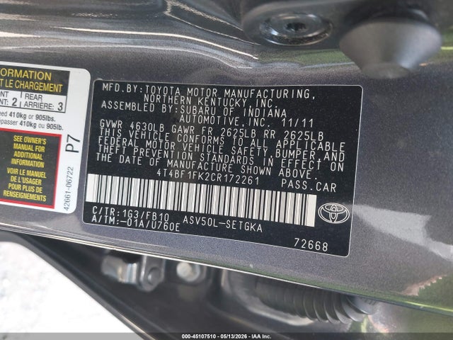 45107510 :رقم المزاد ، 4T4BF1FK2CR172261 vin ، 2012 Toyota Camry Xle مزاد بيع
