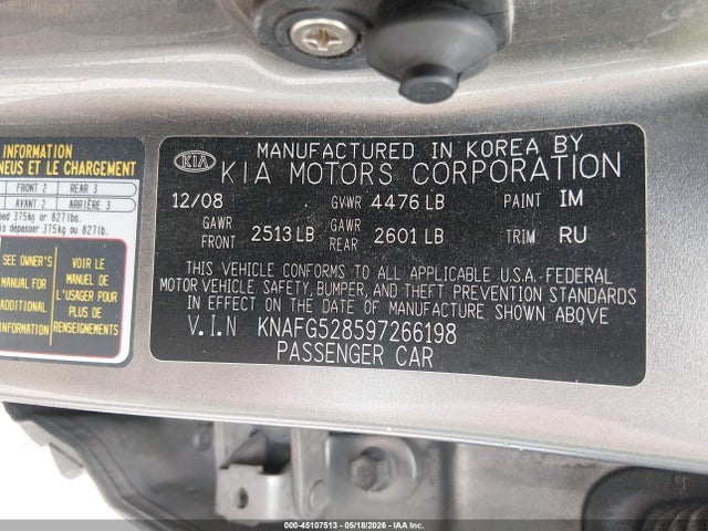 45107513 :رقم المزاد ، KNAFG528597266198 vin ، 2009 Kia Rondo Lx مزاد بيع