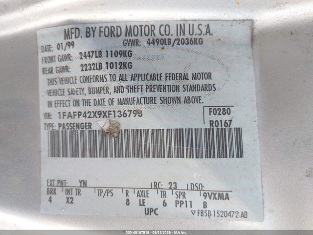 Aukcja sprzedaży 1999 Ford Mustang Gt, vin: 1FAFP42X9XF136793, numer aukcji: 45107515