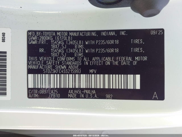 5TDZSKFC4SS215993 Toyota Sienna Limited