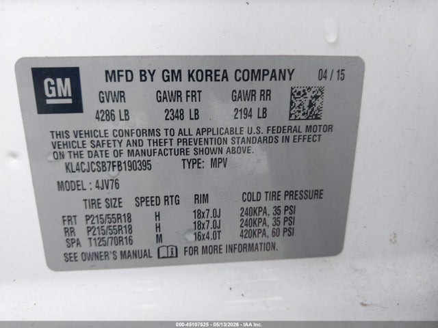 Продажа на аукционе авто 2015 Buick Encore Leather, vin: KL4CJCSB7FB190395, номер лота: 45107525
