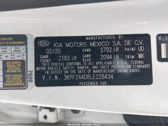 Aukcja sprzedaży 2020 Kia Forte Fe, vin: 3KPF24AD8LE228434, numer aukcji: 45107535
