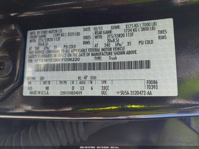 45107560 :رقم المزاد ، 1FTEW1EG0FFD06220 vin ، 2015 Ford F-150 Platinum مزاد بيع