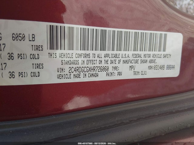 45107565 :رقم المزاد ، 2C4RDGCGXHR726060 vin ، 2017 Dodge Grand Caravan Sxt مزاد بيع