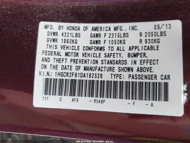 45107576 :رقم المزاد ، 1HGCR2F81DA192526 vin ، 2013 Honda Accord Ex-l مزاد بيع