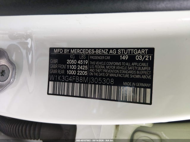 2021 Mercedes-benz A 220 4matic მანქანა იყიდება აუქციონზე, vin: W1K3G4FB8MJ305308, აუქციონის ნომერი: 45107583