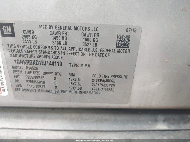 2014 Chevrolet Traverse 1lt მანქანა იყიდება აუქციონზე, vin: 1GNKRGKD1EJ144110, აუქციონის ნომერი: 45107585