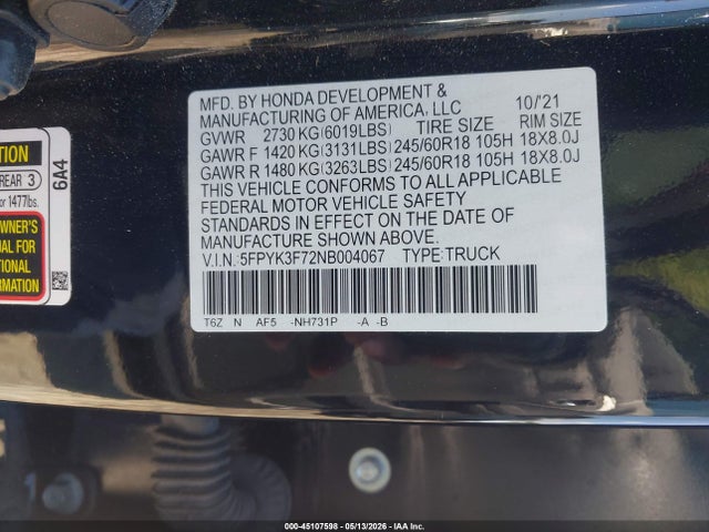 Продаж на аукціоні авто 2022 Honda Ridgeline Rtl-e, vin: 5FPYK3F72NB004067, номер лоту: 45107598