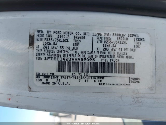1997 Ford E-150 Standard მანქანა იყიდება აუქციონზე, vin: 1FTEE1423VHA59495, აუქციონის ნომერი: 45107606